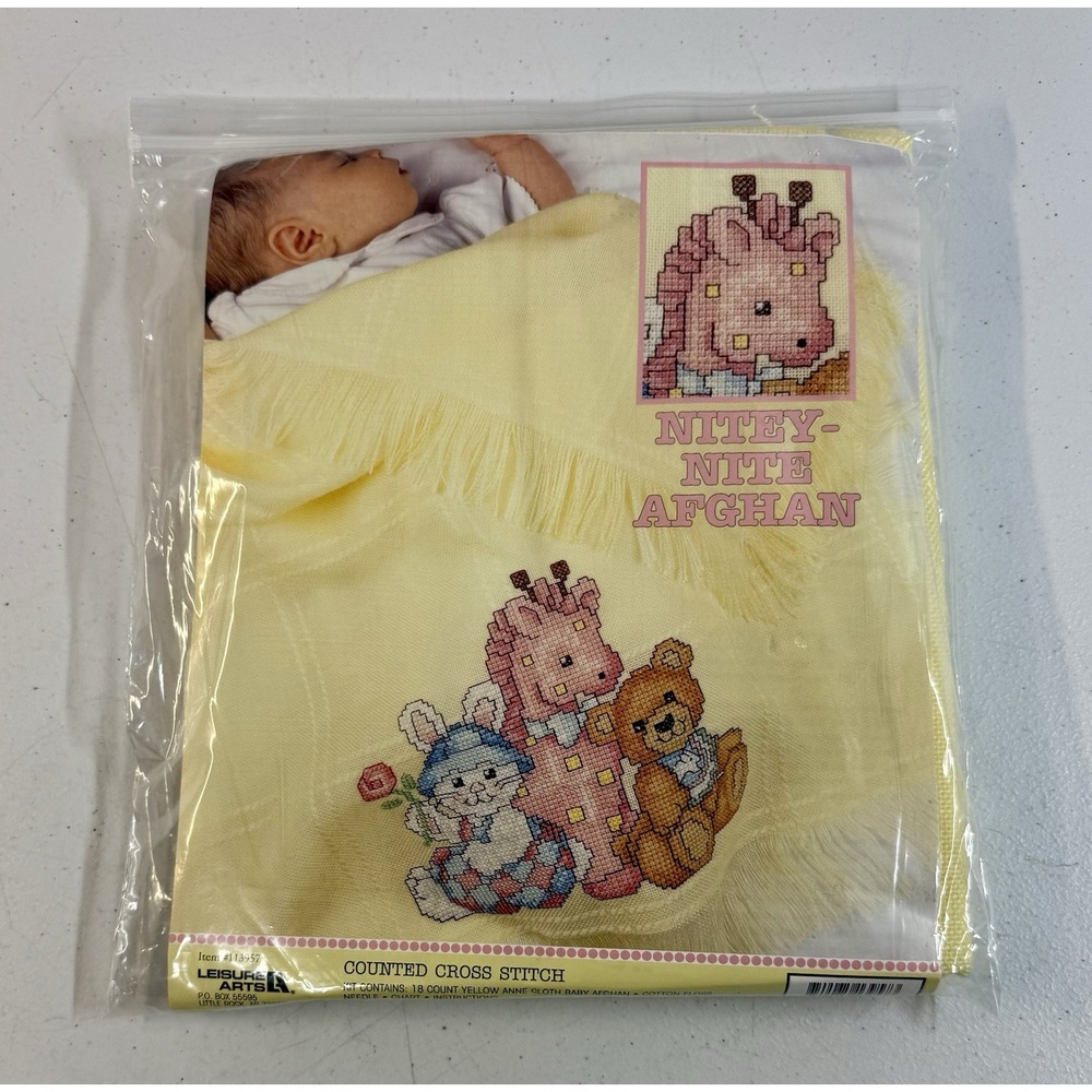 Nitey Nite Afghan Cross Stitch Kit By Leisure Arts New Born Yellow Baby Blanket!